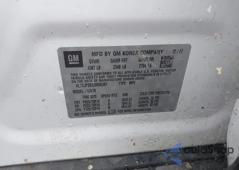 2018 Chevrolet Trax Lt из США, поврежденный, VIN KL7CJPSB3JB606381